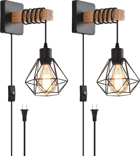 Rustic Wall Sconces Fixtures with Plug in Cord, Set of Two Indoor Vintage Rattan Wall Light Industrial Lamp Fixture Farmhouse Metal Sconces Light for Bedroom Bedside Living Room
