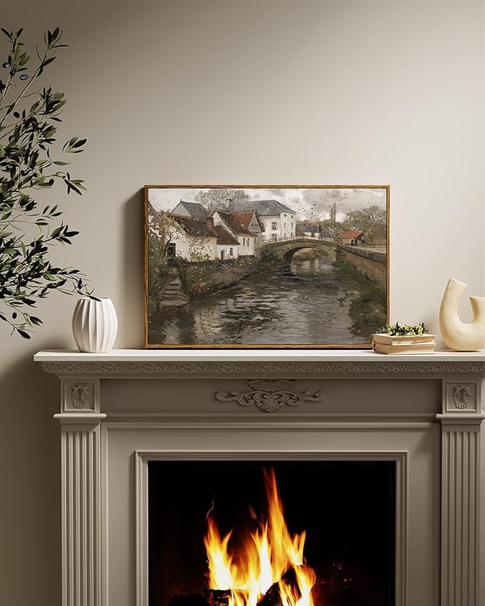 InSimSea Framed Canvas Wall Art Vintage Decor, Landscape Wall Art, Riverside Small Town Large Canvas Prints Home Decor, Rustic Farmhouse Wall Decor for Bedroom Living Room, 16