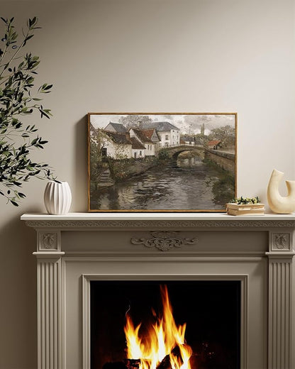 InSimSea Framed Canvas Wall Art Vintage Decor, Landscape Wall Art, Riverside Small Town Large Canvas Prints Home Decor, Rustic Farmhouse Wall Decor for Bedroom Living Room, 16"x24"