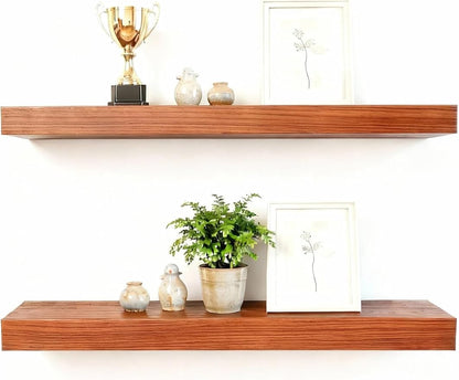 Solid Wood Floating Shelves,35.4in Finished Real Wood Wall Shelves with Heavy-Duty Hidden Bracket, Easy Installation, Set of 2, 35.4in x 7.1in x 1.5in, for Living Room Bedroom Kitchen,Bronze