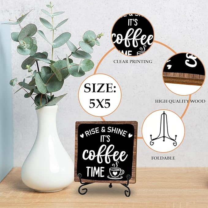 Coffee Bar Decor Sign, Rise & Shine It's Coffee Time Sign With Stand For Farmhouse Home Kitchen Table, Wine Sign For Farmhouse Home Kitchen Office Bar Shelf Table, Gifts For Family Friend Coworker