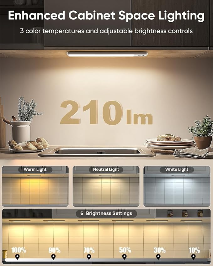 Under Cabinet Lighting Wireless, 2200mAh Rechargeable Motion Sensor Light Indoor, 3 Color Temps, Dimmable, Wireless LED Closet Lights Remote, Magnetic Under Counter Light for Kitchen, Pantry, 4 Pack