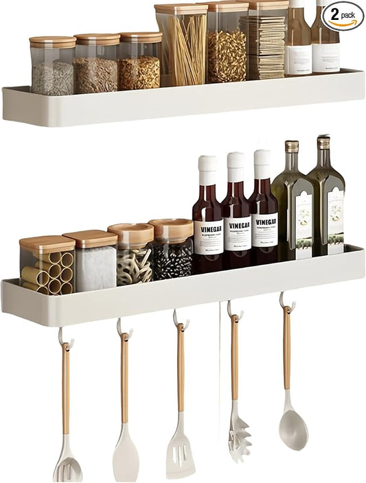 SEIDO Space-Saving Kitchen Utensil Holder | No-Drill Shelf Organizer | Wall Mount Spice Rack with Hooks | Space Aluminum | 20 Inch Long | White | 2-Piece Set