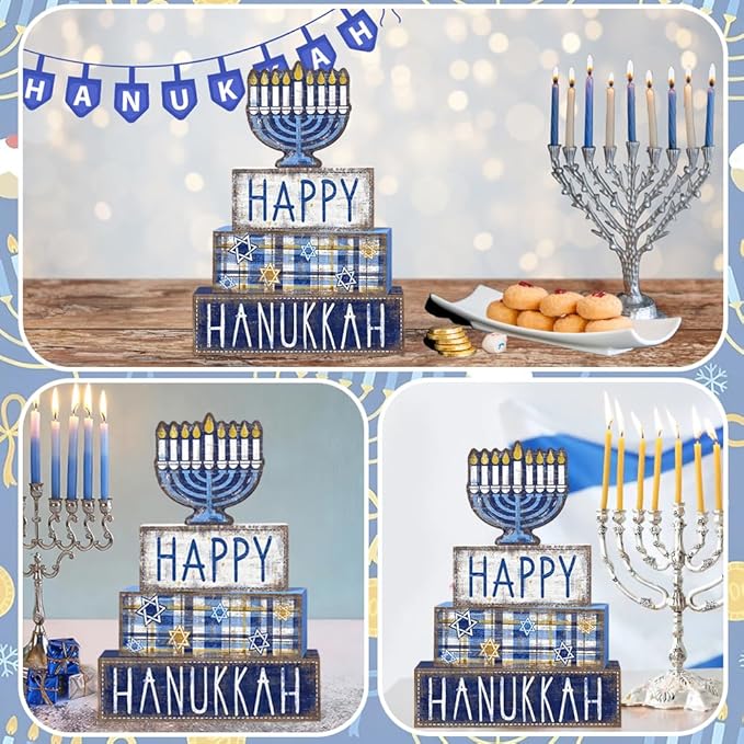 DIYDEC 4Pcs Hanukkah Table Decoration Happy Hanukkah Wooden Block Wooden Menorah Decoration Chanukah Table Centerpiece Sign Jewish New Year Decor for Holiday Gifts Tabletop Fireplace Shelf Desk Party