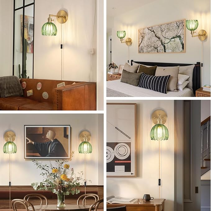 Plug-in Wall Sconce, Vintage Wall Decorative Lamp with Green Glass Shade, Indoor Plug-in Wall Sconce for Bedroom, Living Room, Hallway