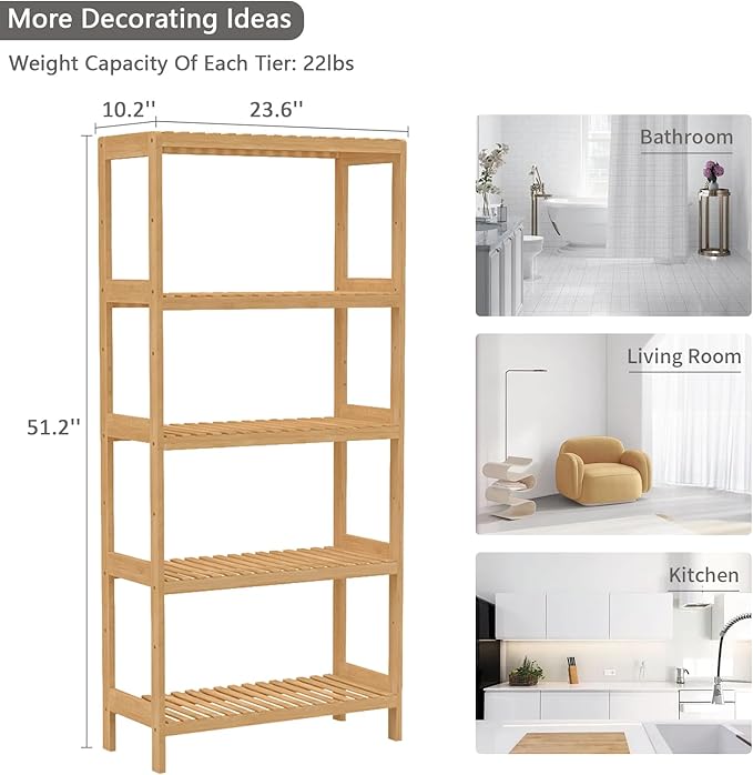 Bamboo Shelf,Bamboo Shelf Stand Utility Storage Shelf Multifunctional Bathroom Kitchen Living Room Holder Plant Flower Stand (5-Tier)