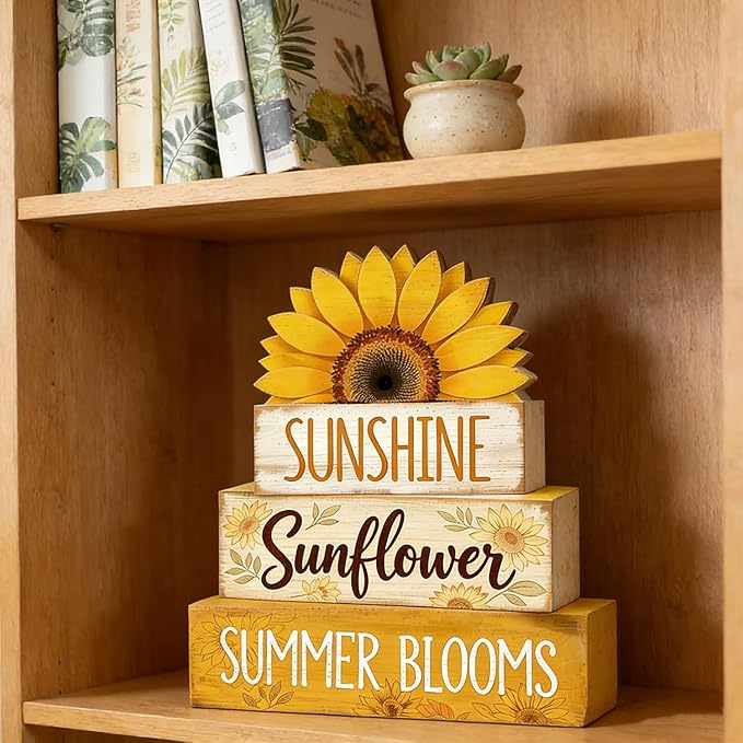 4 Pcs Sunflower Decor Faux Book Stack Blocks Farmhouse Tiered Tray Decor Summer Decorations for Home Kitchen Table Rustic Sunflower Kitchen Decor