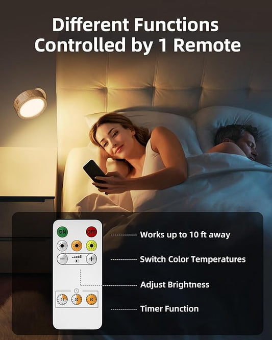 EZVALO LED Wall Mounted Light, 3000mAh Rechargeable Cordless Wall Sconce, Dimmable with Remote & Touch Control, 3 Color Temps, 360° Rotatable for Bedroom, Bedside, Reading(Wood, 2Pack)