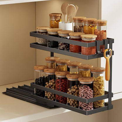Pull Out Spice Rack Organizer for Cabinet, 1 Pack Metal Seasoning Organizer Slide Out Spice Storage Shelf No Assembly Vertical Spice Rack Pullout for Kitchen & Bahthroom No Drill(2 Tier,Black)