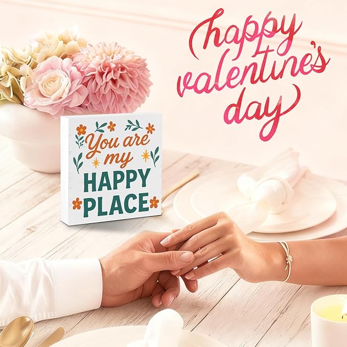 Valentines Desk Decor, Valentine's Day Home Office Table Sign for Wife Daughter from Dad Husband, Valentine Gifts Decorations for Porch Tiered Tray Shelf Party, You Are My Happy Place