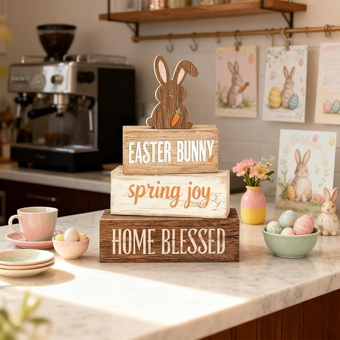 Easter Decorations - Easter Bunny Tiered Tray Decor Set - Wooden Easter Tabletop Decoration - Rustic Farmhouse Spring Home Decor Indoor for Tiered Tray Shelf Mantel Coffee Table Gift - Spring Home Decor for Living Room, Kitchen Counter