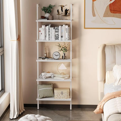aboxoo Ladder Shelf White Wooden Bookshelf 5-Tier Wall-Mounted Open Wood Rack Industrial Modern Plant Flower Stand Utility Organizer Bookcase Metal Frame Furniture Office Kitchen Bedroom
