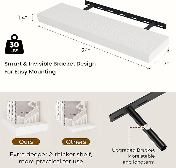 Dreamland 24 Inch Long Floating Shelves in White,6.7 Inch Deep Floating Shelf for Wall,Large Display & Storage Shelf, Wall Shelf for Bathroom Bedroom Living Room Kitchen Office，Set of 2