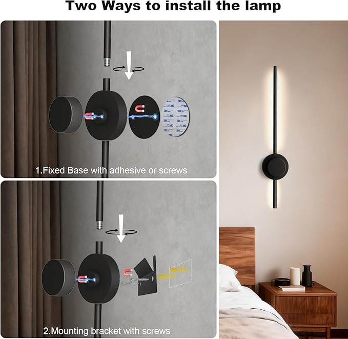 Rechargeable Wall Sconce Lights with Remote, Battery Operated Wall Lights 3 Color Temperature, Dimmable Wireless Wall Lamp Black 70CM for Living Room Bedroom Hallway 2 Pack