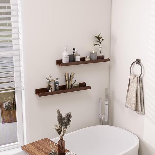 Floating Shelves for Wall - Wood Picture Ledge Shelf Set of 2 - Dark Wood Wall Shelves with Lip - Walnut Picture Frame Shelf