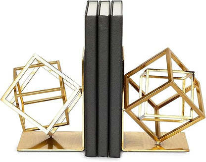 Juvale Gold Bookends - Heavy-Duty Metal Book Ends for Bookshelf Decor - Geometric Square Style for Decorative Books Display for Coffee Table & End Table Decor - 5 x 6 x 3 in, Pack of 2