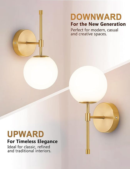 Battery Operated Wall Sconces Set of 2, Glass Globe Wireless Lights with Remote & Touch Control, Rechargeable Brushed Gold Sconce, 3 Color Dimmable Ambient Lighting for Bedroom Living Room