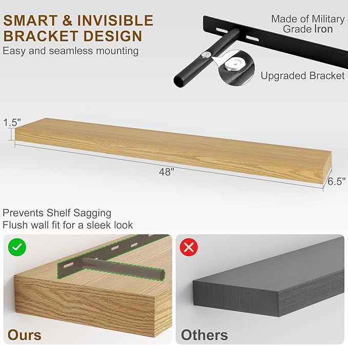 Fun Memories Floating Shelves for Wall, 48Inch Long Floating Shelves Set of 1, Hanging Shelf with Invisible Brackets, Wood Shelves for Living Room, Bedroom, Kitchen, Oak