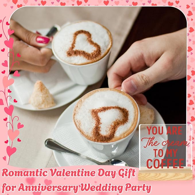 Valentines Coffee Desk Decor, Valentine's Day Gifts for Lover Bar Station, Valentine Home Office Table Sign for Kitchen Shelf Tiered Tray, Cafe Tabletop Decoration to Couples, Cream To My Coffee