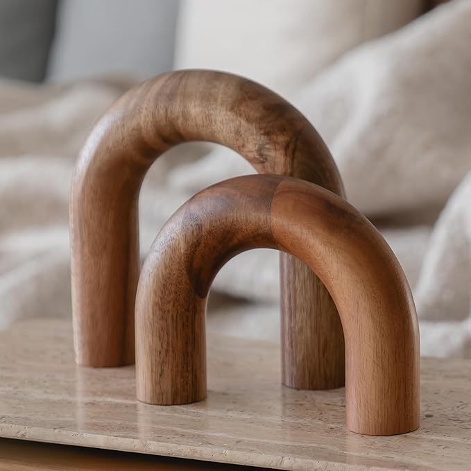 Wood Arch Bookshelf Decor - Modern Shelf Decor Accents, Decorative Objects for Coffee Table, Entryway Table Sculptures, Minimalist Home Decorations for TV Console, Built in Shelves and Mantle
