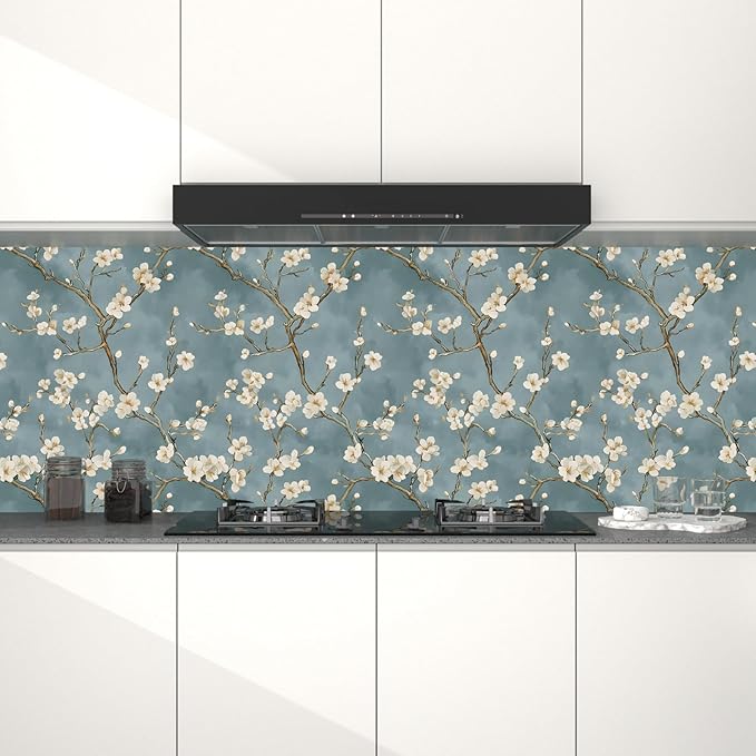 Vintage Floral Wallpaper Peel and Stick Blue White Flowers Contact Paper Vinyl Self Adhesive Removable Retro Cherry Blossom Wall Mural Wall Paper for Room Walls Shelve Cabinet Table Decor 17.5