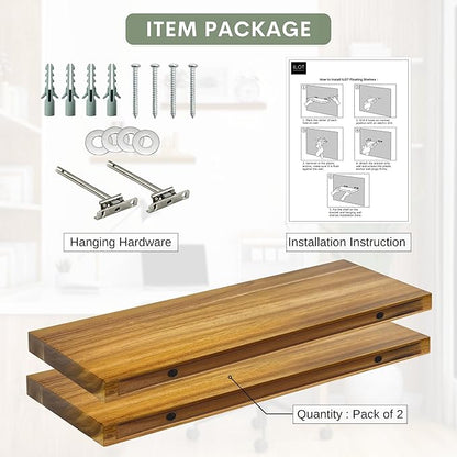 Teak Wood Floating Shelves Perfect for Bathroom Décor Pack of 2 Wooden Wall Shelves for Bedroom Living Room Kitchen Simple Minimalist Home Décor 24” x 6.7