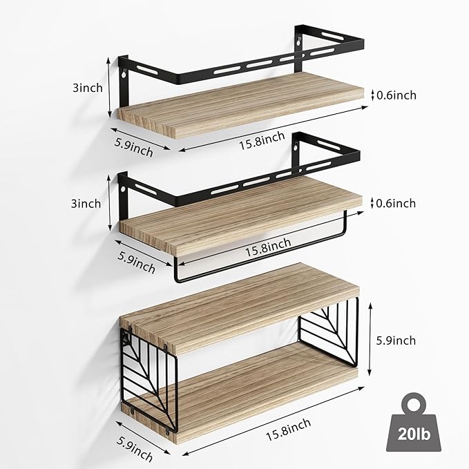 Fixwal 3+1 Bathroom Shelves Over Toilet, Floating Shelves Wall Mounted with Metal Frame and Towel Bar for Bathroom, Kitchen, Bedroom, Living Room (Rustic Brown)