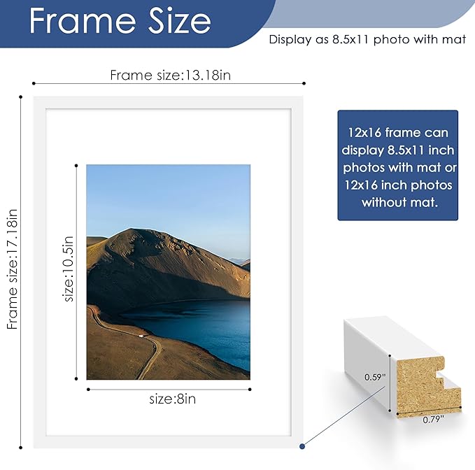 PEALSN 12x16 Picture Frame Set of 6, Display Pictures 8.5x11 with Mat or 12x16 without Mat for Wall Mounting Display, Photo Frames Collage for Wall Decor, White.