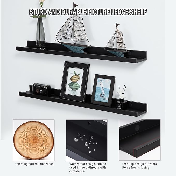 Black Floating Shelves 36 Inch Modern Picture Frame Shelf for Wall Picture Ledge Shelves with Lip Wooden Book Shelves Set of 2 Bathroom Shelf Organizer for Living Room Bedroom Kitchen Wall Decor