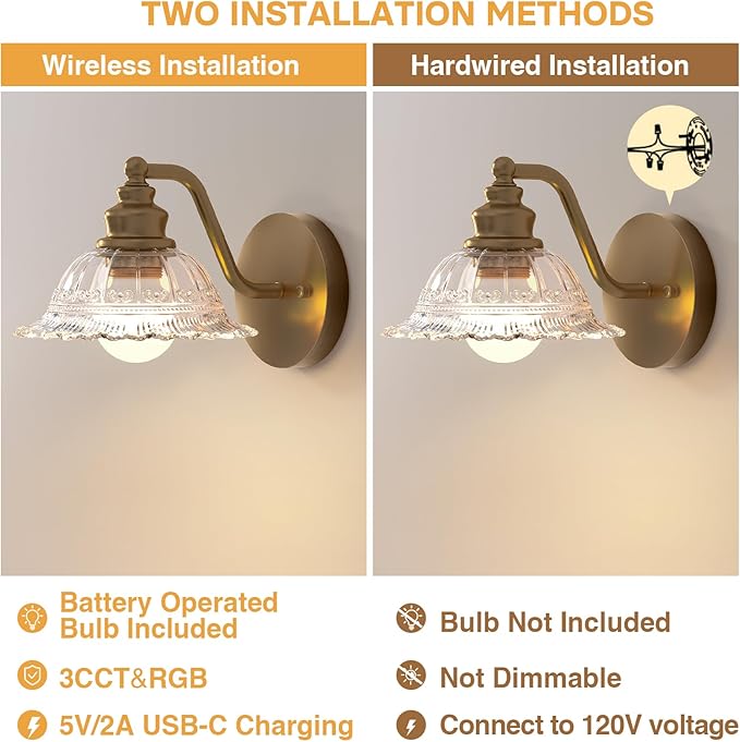Redluck Battery Operated Wall Sconce with Remote Control, Vintage Glass Wireless Wall sconces Set of Two, Rechargeable Battery Powered Wall Lamp for Bedside Bedroom Living Room Hallway Decor