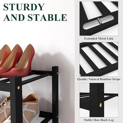 Smiry Bamboo Shoe Rack for Closet, 2 Tier Long Wooden Stackable Shoe Organizer, Free Standing Shoes Storage Shelf for Entryway, Front Door Entrance, Black