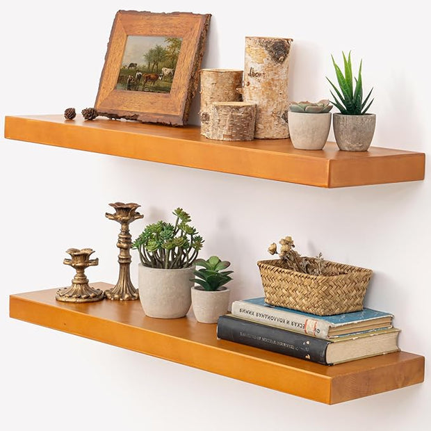 Marsmiles 30 Inch Floating Shelves | Rustic Honey Oak Wall Shelves Set of 2 | 30" W x 7.7" D x 1.6" H Wooden Shelves for Bathroom Kitchen Living Room