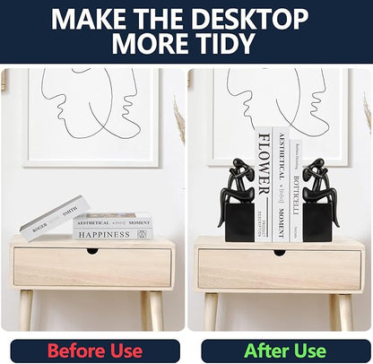 Black Book Ends Decorative, Girl Thinker Design, Modern Bookends for Shelves, Non-Skid Heavy Duty Resin Book Stopper for Books,Bookends with Base, Resin, 1Pair/2Piece