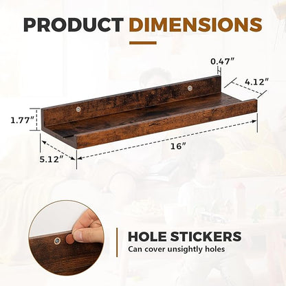 Muzilife 16" Floating Wall Ledge Shelves with Lip - Set of 2 Wood Floating Shelves - Widened Brown Wall Mounted Picture Ledge for Office, Bathroom, Bedroom, Living Room, Kitchen