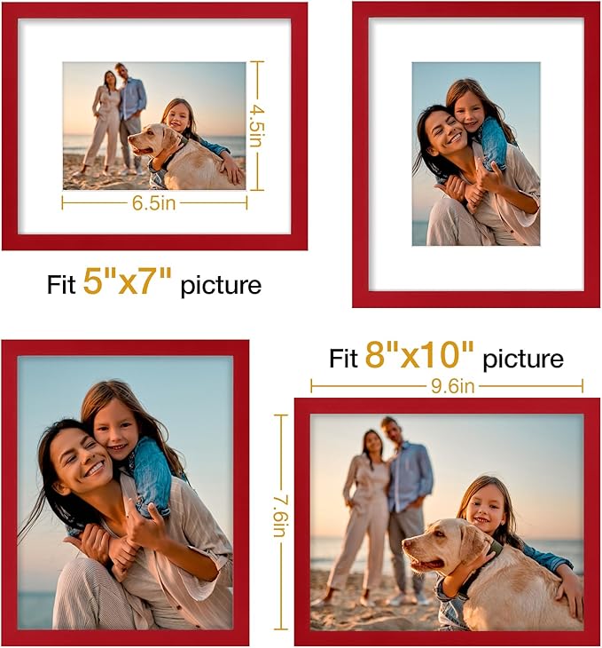 Vittanly 8x10 Picture Frame Set of 4, Display Pictures 5x7 with Mat or 8x10 without Mat, Gallery Wall Frame Set for Wall or Tabletop Display, Engineered Wood with Shatter Resistant Plexiglass, Red