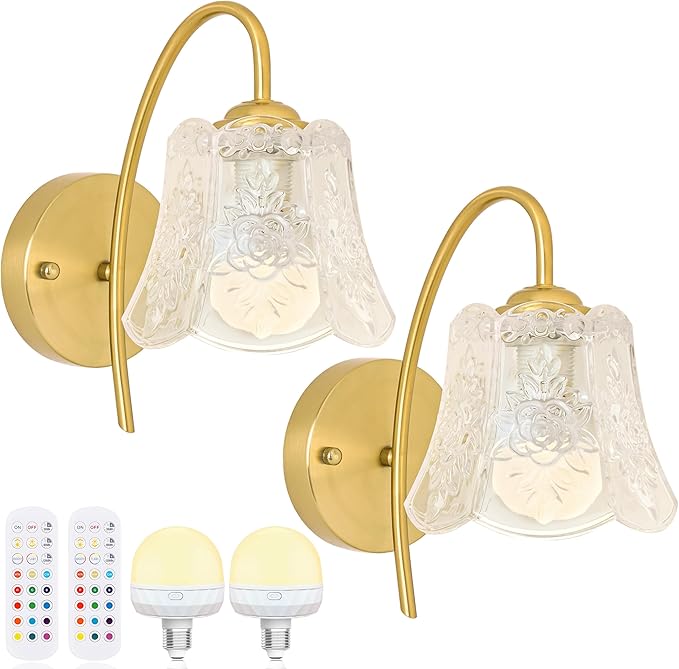 Vintage Battery Wall Sconce with Flower lampshade,Rechargeable Battery Powered Wall Lights,Wall lamp with 15 Colors for Bedroom Living Room Home Decor (Clear Rose, 2 Light Battery Operated)