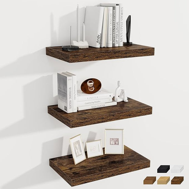 Fun Memories 12 Inch Deep Floating Shelves for Wall, 20 Inch Long Wall Mounted Storage Shelf, 3 Pack Hanging Wood Shelf for Farmhouse, Bedroom, Kitchen, Living Room, Rustic Brown