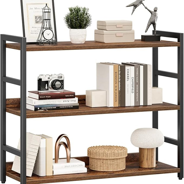 NUMENN Wide Bookshelf, 3 Tier Bookshelves, Home Office Bookcase Shelf Storage Organizer, Free Standing Storage Shelving Unit for Bedroom, Living Room and Home Office, Vintage