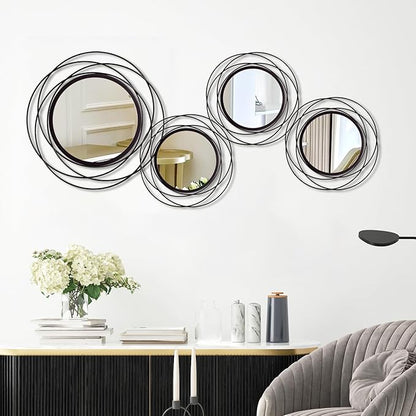 Cityelf 4 Set Mixed Size Black Circle Mirrors Wall Decor Iron Frame Wall Art Round Mirror Home Decor Hanging for Living Room/Bedroom/Bathroom/Entryway