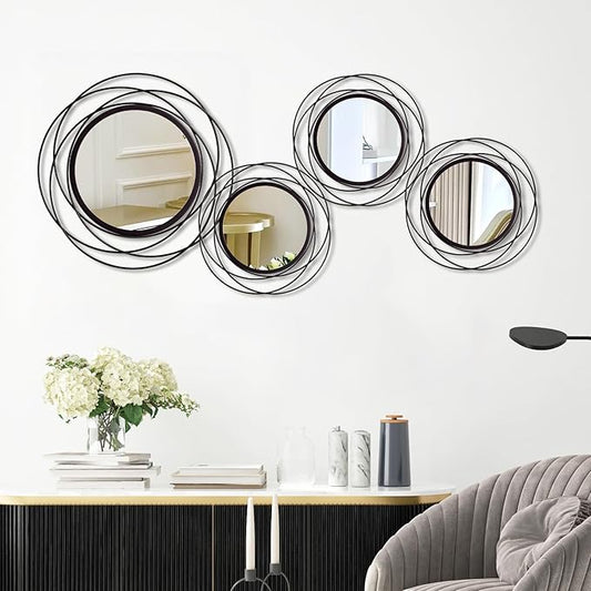 Cityelf 4 Set Mixed Size Black Circle Mirrors Wall Decor Iron Frame Wall Art Round Mirror Home Decor Hanging for Living Room/Bedroom/Bathroom/Entryway