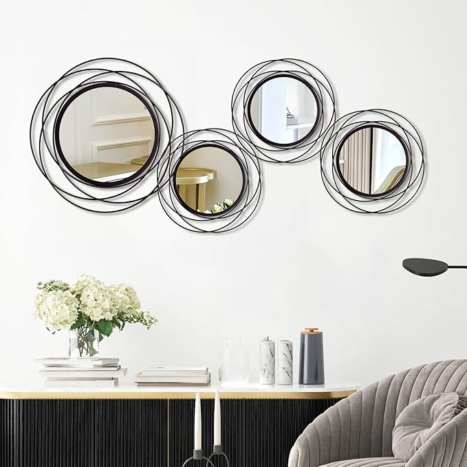 Cityelf 4 Set Mixed Size Black Circle Mirrors Wall Decor Iron Frame Wall Art Round Mirror Home Decor Hanging for Living Room/Bedroom/Bathroom/Entryway