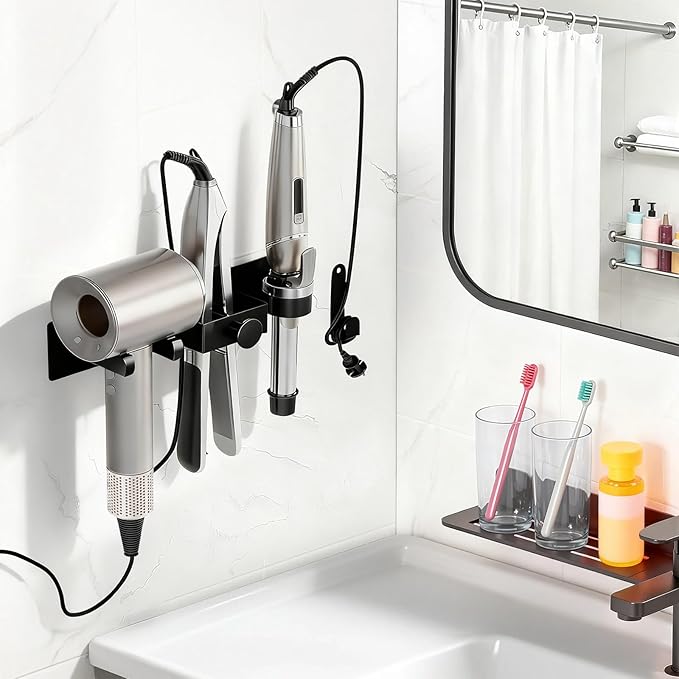 Hair Dryer Holder Wall Mount with Plug&Cord Organizer, Curling Iron Holder Flat Iron, 3-in-1 Bathroom Hair Tool Organizer and Storage, Straightener Holder, Metal Blow Dryer Holder Rack for Most Dryers