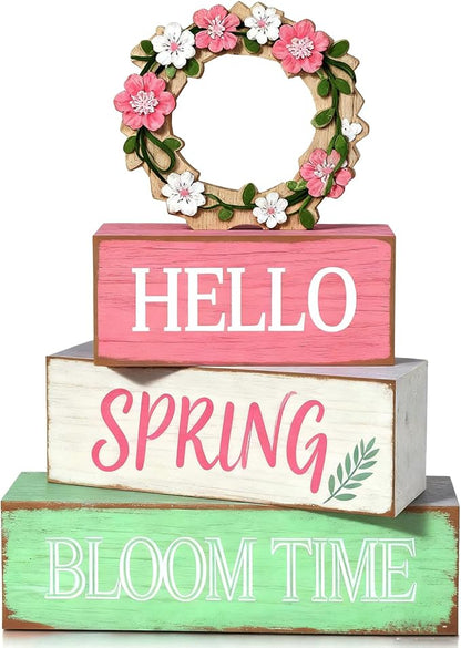 Spring Decoration Wooden Tiered Tray Decor – Rustic Hello Spring Bloom Time Stacked Block Sign with Floral Wreath Topper – Farmhouse Tabletop Spring Decor for Living Room Shelf Kitchen Coffee Bar Entryway Seasonal Home Display