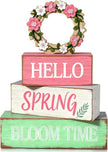 Spring Decoration Wooden Tiered Tray Decor – Rustic Hello Spring Bloom Time Stacked Block Sign with Floral Wreath Topper – Farmhouse Tabletop Spring Decor for Living Room Shelf Kitchen Coffee Bar Entryway Seasonal Home Display