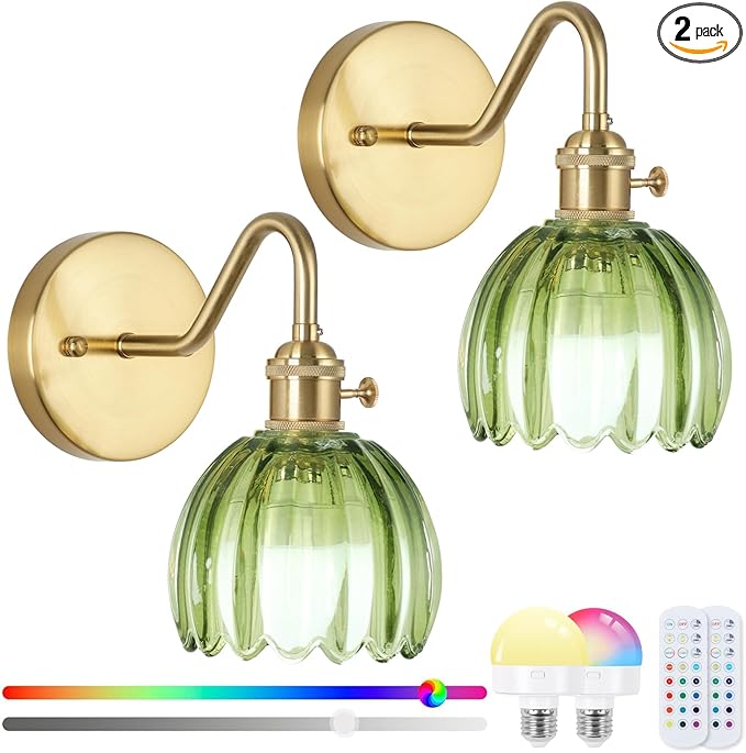 Battery Operated Wall Sconce Vintage,Battery Wall Sconces Set of Two with RGB Dimmable Remote Control,Rechargeable Wireless Wall Lights with Remote for Bedroom Living Room (Green)