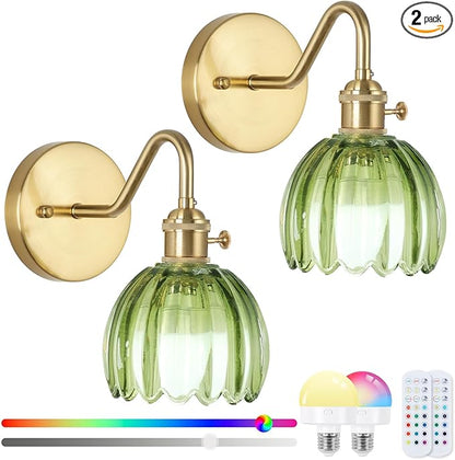 Battery Operated Wall Sconce Vintage,Battery Wall Sconces Set of Two with RGB Dimmable Remote Control,Rechargeable Wireless Wall Lights with Remote for Bedroom Living Room (Green)