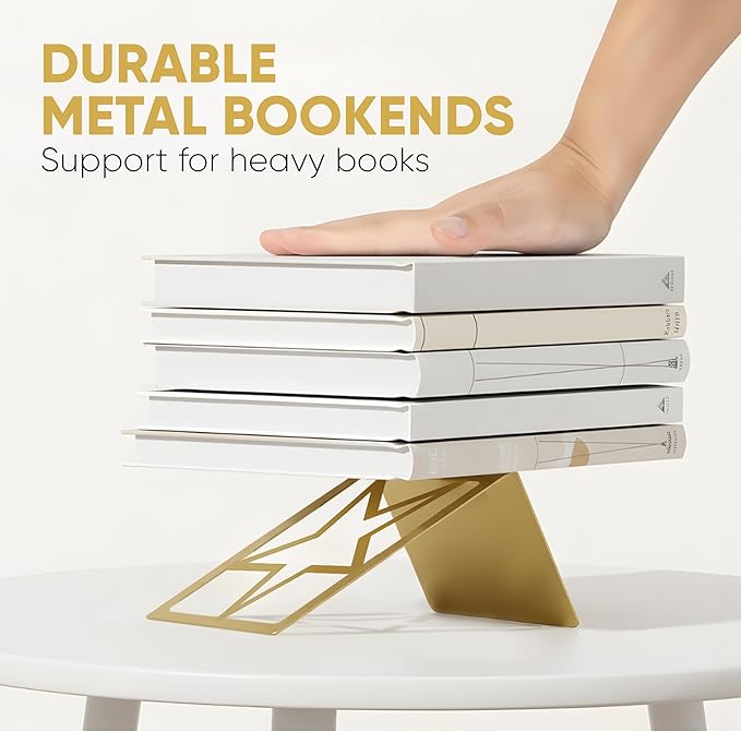 GEOMOD Gold Star Metal Bookends Heavy Duty for Desk & Shelves, Non-Slip Metal Bookends for Bookshelf End Holders, Modern Decorative Book Ends Gold, Book Holder for Office, Study & Home Library 2 Pairs