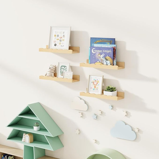 Fun Memories Picture Ledge Shelf for Wall, 16 inch Pine Wood Nursery Book Shelves Set of 4- Wall Book Shelves for Kids Room, Home Decor - Kitchen Spice-Natural