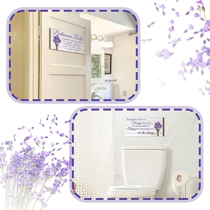 Jetec 2 Pieces Funny Bathroom Signs Bathroom Wall Decor Toilet Wall Accessories Farmhouse Toilet Rustic Wooden Signs, 12x6 Inch(Lavender Style)