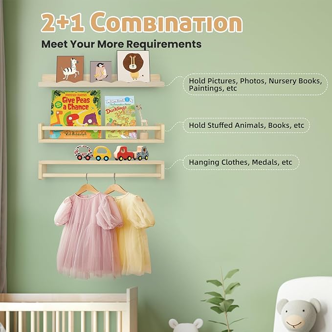Floating Book Shelves for Wall, 23.6" Natural Wood Nursery Shelves for Book Storage, Solid Pine Wooden Floating Bookshelf for Bedroom Living Room, Set of 2+1, Unfurnished - DIY